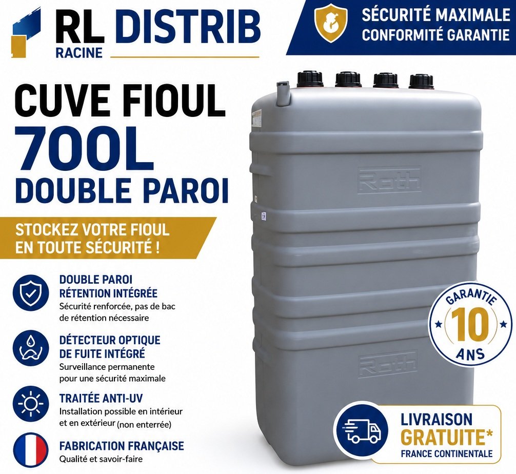 Stockez votre fioul en toute s&eacute;curit&eacute; avec la cuve 700L ROTH double paroi, conforme CE, garantie 10 ans, id&eacute;ale int&eacute;rieur et ext&eacute;rieur. 
